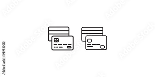 Set of credit card payment icons with multiple bank cards showing magnetic stripe and microchip details for financial transaction design elements simple