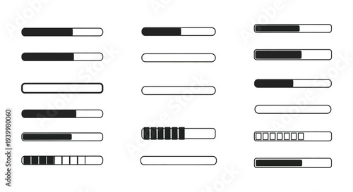 Various loading bar designs with differing fill levels are shown in a minimalist style silhouette