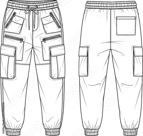 Detailed cargo jogger pants technical fashion drawing front and back view isolated on white background vector illustration for apparel design