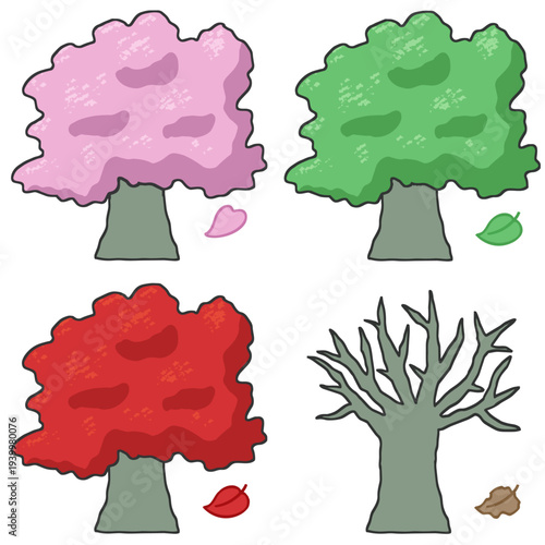 四季で移り変わる桜の木イラストセット 春夏秋冬の風景