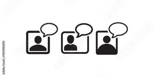 Collection of three simple black and white icons representing user profiles with speech bubbles signifying communication conversation online messaging and social network interaction dialogues