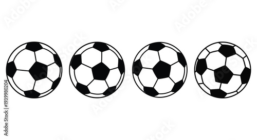 Four black and white soccer balls arranged in a row presented as a bold silhouette