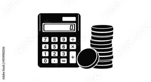 A black silhouette of a calculator and stacked coins representing finance and accounting silhouette high quality