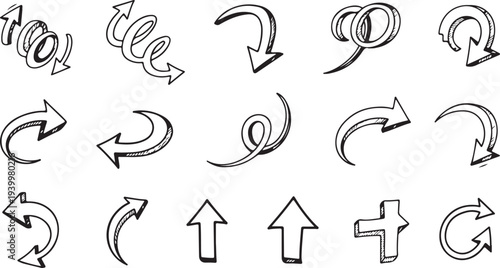 Set of black and white hand drawn circular arrows and symbols
