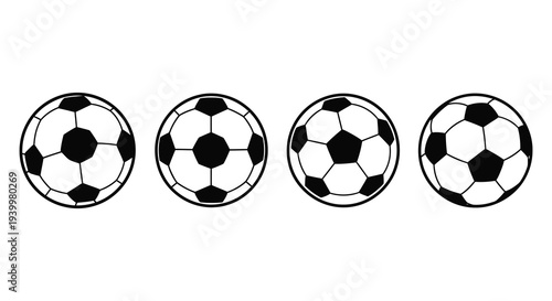 Four black and white soccer balls arranged in a row presented as a striking silhouette