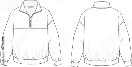 Front and back view of half zip jacket mockup, blank pullover sweatshirt template vector illustration isolated on white background