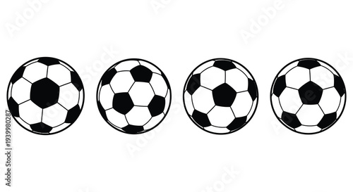 Four black and white soccer balls are arranged in a row presented as a graphic silhouette
