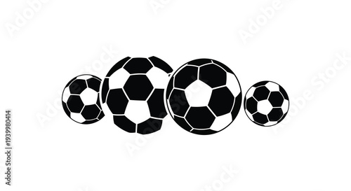 A collection of varying sized soccer balls depicted in a striking black silhouette high quality professional