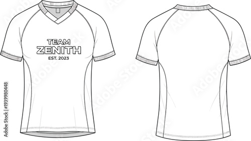 Front and back view of sports t shirt mockup with team logo design, detailed athletic jersey template vector illustration