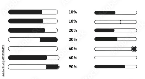 Progress bar indicators displaying varying completion percentages from ten to ninety silhouette high quality professional detailed