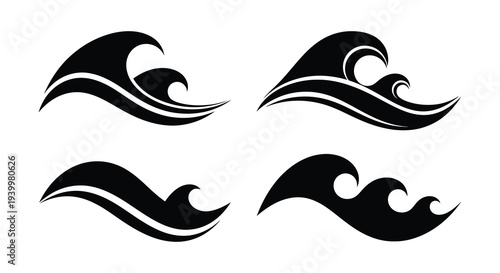 Four stylized black wave shapes create a dynamic ocean design a striking silhouette high quality professional