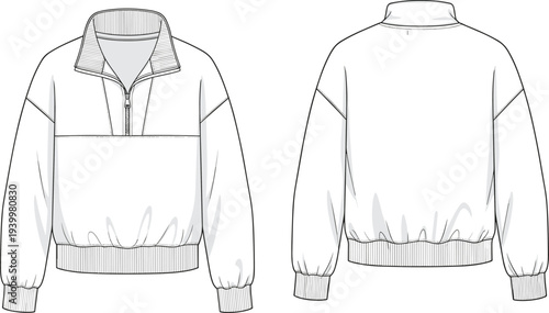 Half zip pullover sweatshirt technical fashion flat sketch with front and back views isolated on white background apparel mockup template