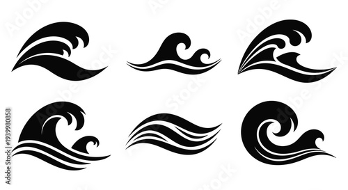A collection of stylized black wave designs arranged on a white background silhouette high quality professional