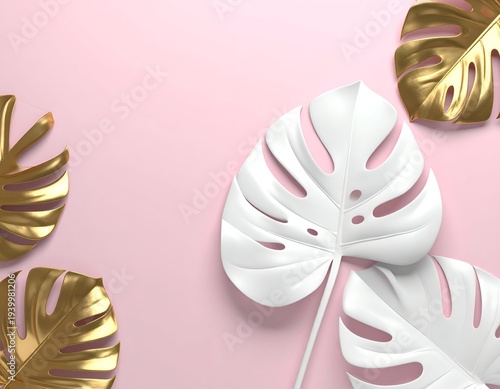 Tropical leaves, gold and white, lie on a pastel pink background, creating a modern, stylish composition