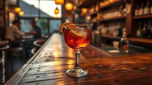 Glass of amaro on ice with orange peel on a worn wooden bar counter. bar promotions, beverage menus, designed for food & beverage menus and cafe branding, used by interior designers.