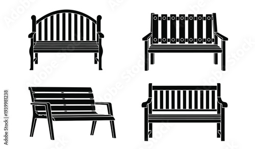Set of four black wooden bench illustrations