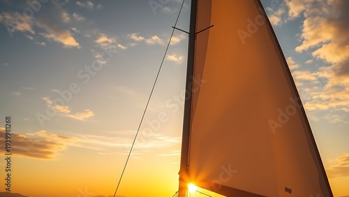 Stern view of sailboat with golden translucent mainsail against sunset sky. inspiring travel planning, mobility guides, designed for mobility and urban transit guides.