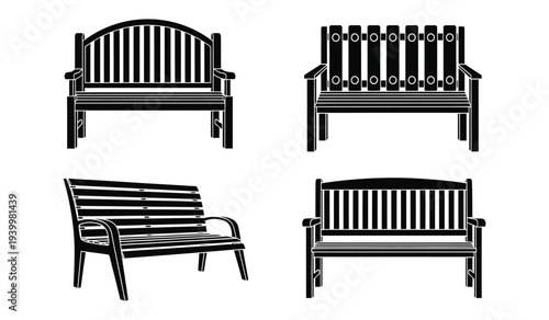 Black wooden bench set with various designs
