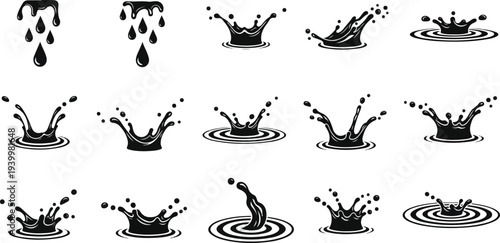 Set of black and white illustrations depicting liquid water drops, dynamic splashes, and ripple effects, perfect for graphic design projects and fluid motion concepts
