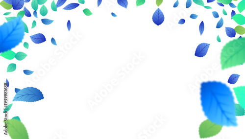 Fresh green and blue leaves flying and falling on white background horizontal banner for laundry detergent promotion with copy space vector illustration
