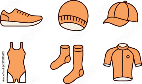 Clothing accessories illustration, sportswear fashion artwork, sneaker hat shirt vector, swimsuit socks design, casual apparel graphic, lifestyle icon drawing