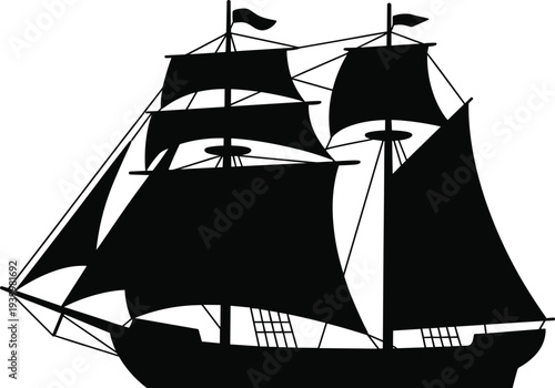 Classic sailing ship silhouette, historic vessel vector, maritime exploration icon, naval history artwork, ocean voyage design, Age of Sail illustration