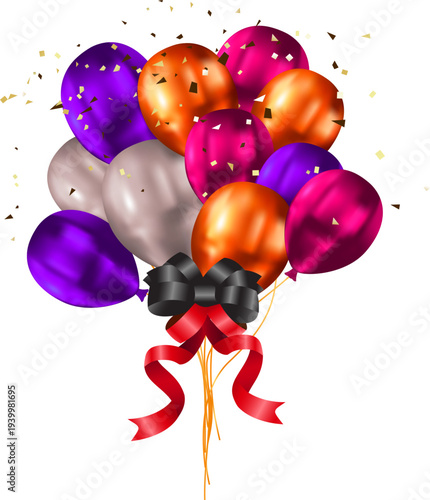 Vibrant bouquet shiny purple orange pink balloons with black and red ribbons and golden confetti festive banner for birthday party celebration sale promotion