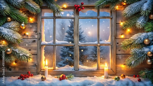 Christmas Background With Frosted Window And Snow