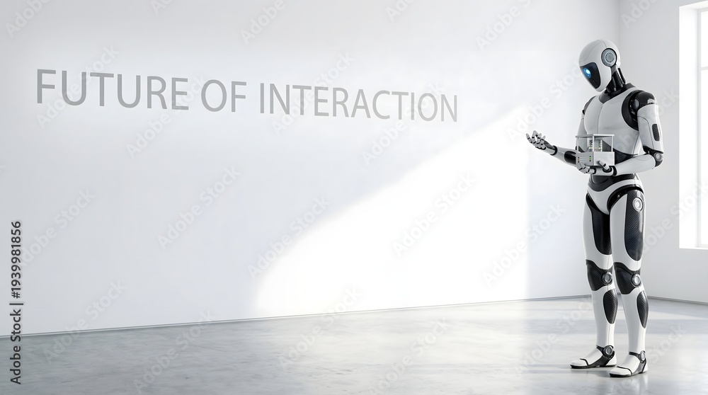 Obraz premium Sleek humanoid robot with white and carbon fiber accents stands in a minimalist gallery space gesturing towards the illuminated text 'future of interaction' on a bright white wall