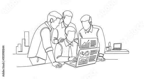 Business team analyzing financial data on laptop together.