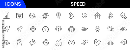 Speed and performance icon set. Containing fast, productivity, indicator, turbo, speeding and speedometer icons. Thin line icon collection. Vector illustration.