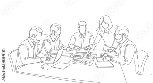 Business team collaborating around table meeting discussion concept.