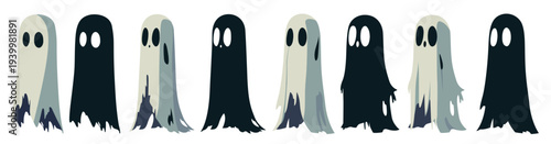  set of eight cartoon ghosts four are white and somewhat