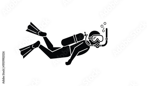 Black silhouette of a scuba diver swimming underwater