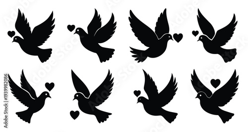 black flying doves with hearts silhouette isolated 