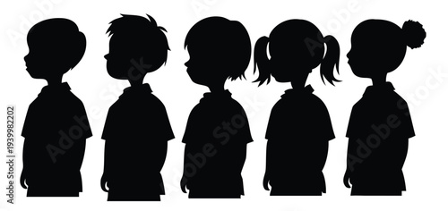  black silhouettes of diverse children standing sideways
