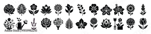 black silhouette collection of diverse flowers and plants