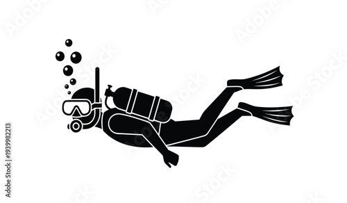 Black silhouette of a scuba diver swimming underwater
