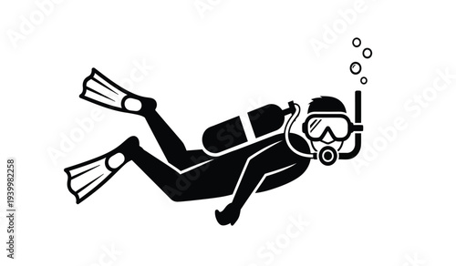 Black and white illustration of a scuba diver swimming underwater