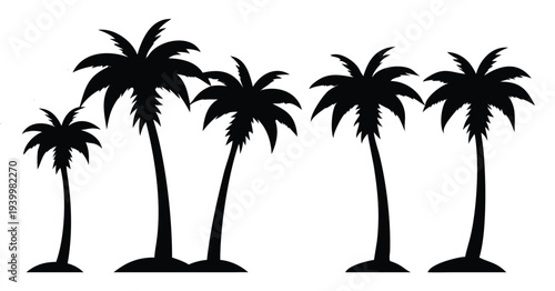 black silhouettes of five palm trees scenery view 