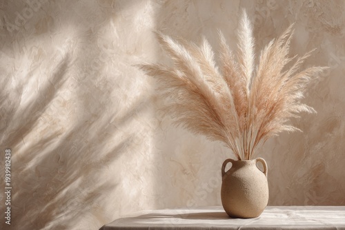 Fluffy pampas grass bouquet in a rustic vase on a textured beige surface. Sunlit, soft shadows