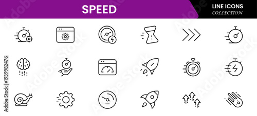 Speed and performance icon set. Containing fast, productivity, indicator, turbo, speeding and speedometer icons. Thin line icon collection. Vector illustration.