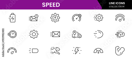 Speed and performance icon set. Containing fast, productivity, indicator, turbo, speeding and speedometer icons. Thin line icon collection. Vector illustration.