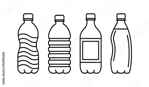 Set of four different plastic water bottles