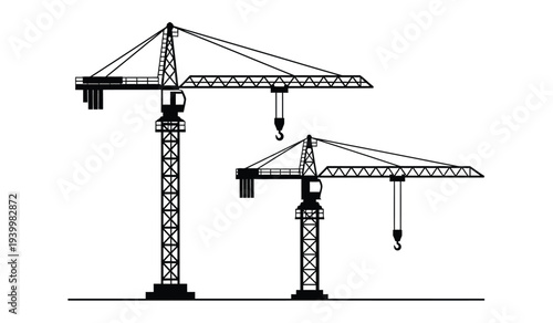 Two cranes lifting heavy loads with lattice towers and jibs