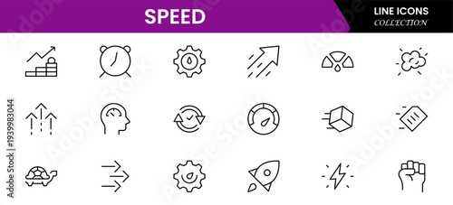 Speed and performance icon set. Containing fast, productivity, indicator, turbo, speeding and speedometer icons. Thin line icon collection. Vector illustration.