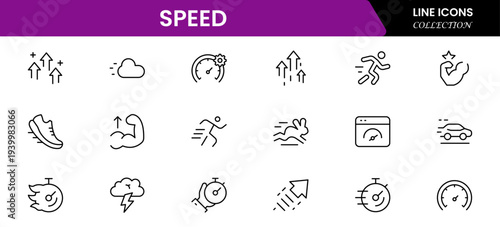 Speed and performance icon set. Containing fast, productivity, indicator, turbo, speeding and speedometer icons. Thin line icon collection. Vector illustration.