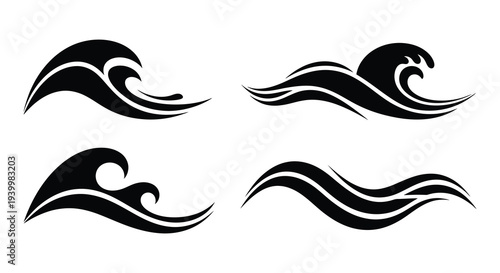Four stylized black wave shapes are presented against a white background creating a striking silhouette