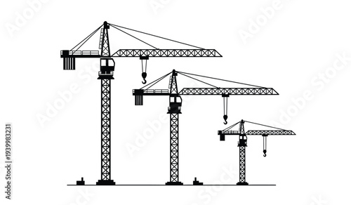 Three construction cranes of varying heights with lattice towers and jibs