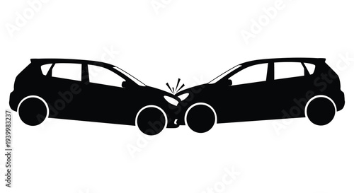 Two compact cars collide head on in a dramatic black and white depiction silhouette high quality professional detailed modern
